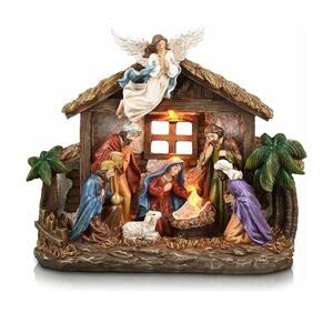 NEW! Christmas Nativity Figurines LED Light-Up Large Holy Family Nativity MANGER